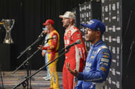 Ross Chastain, Joey Logano, Shane van Gisbergen, and Kyle Larson during NASCAR Cup Series Playoff Media Day. Source: Imagn